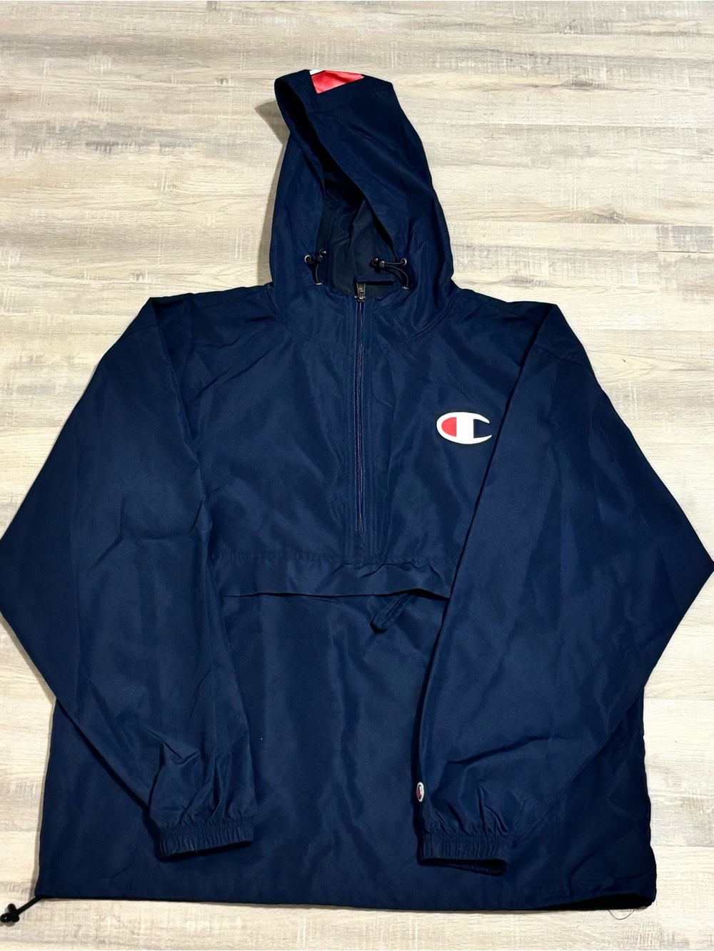 Champion Navy Hooded Half-Zip Windbreaker with Red Accent